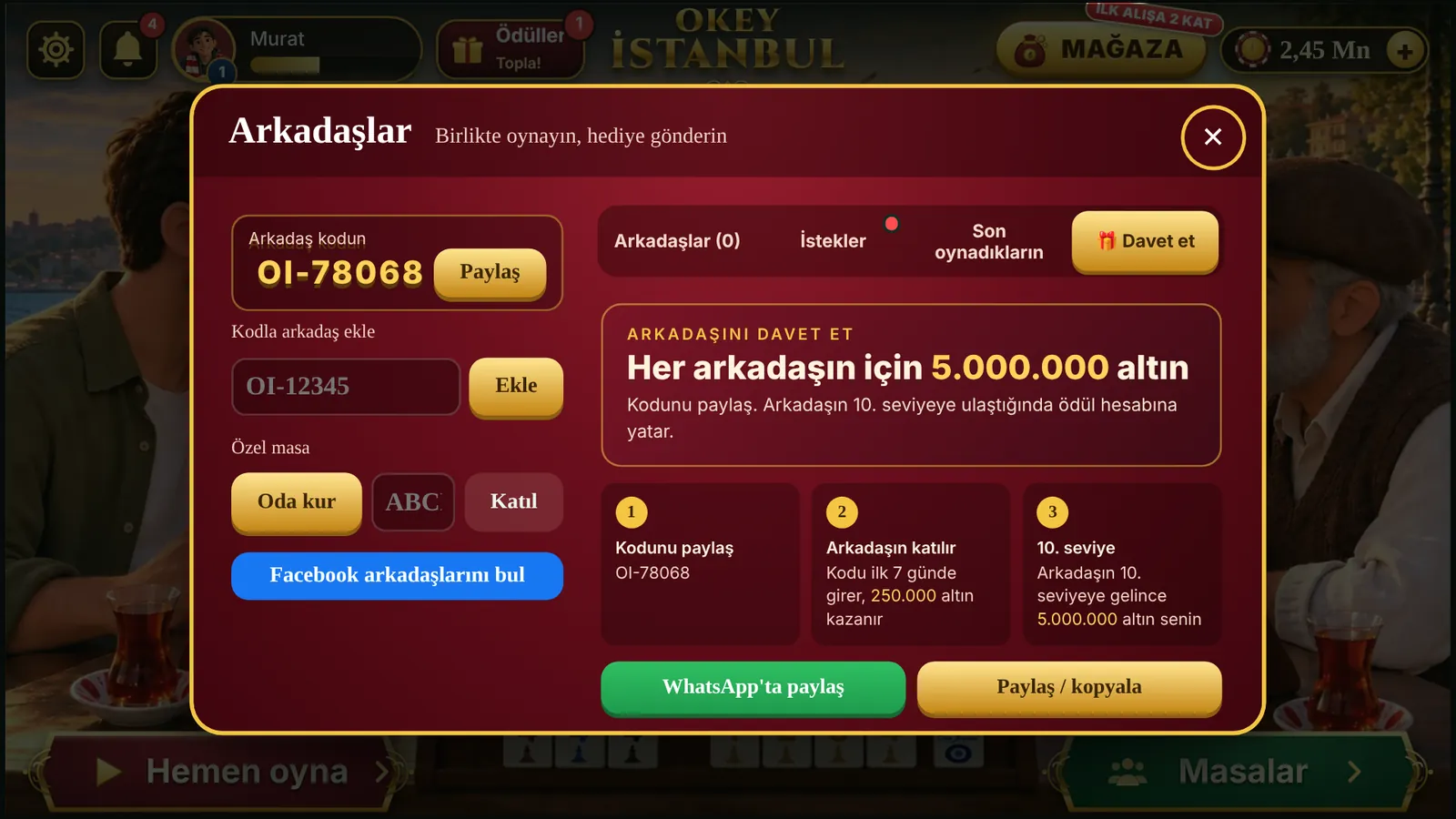 Arkadaşlar ekranı: arkadaş kodu, kodla arkadaş ekleme, özel masa ve davet ödülleri